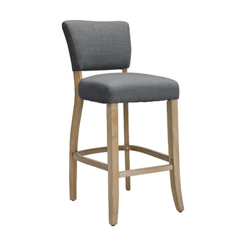 Grey upholstered bar stool with curved back, light wood frame and round footrest