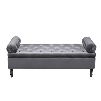 Grey velvet storage bench with tufted arms and button tufted top