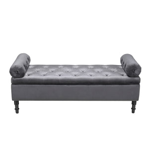 Grey velvet storage bench with tufted arms and button tufted top