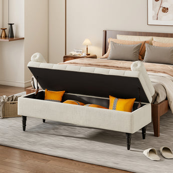 Beige linen storage bench with open lid showing dark interior and yellow accents