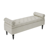 Beige linen upholstered storage bench with tufted top and rolled arms