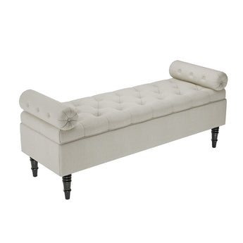 Beige linen upholstered storage bench with tufted top and rolled arms