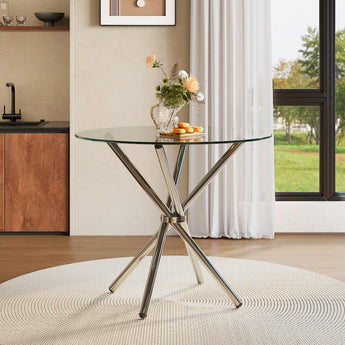 Round tempered glass dining table with chrome cross-leg base