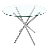 Round tempered glass dining table with chrome crossed legs