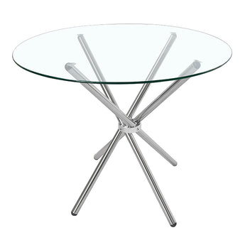 Round tempered glass dining table with chrome crossed legs