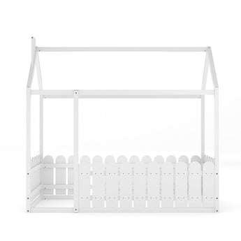 White low toddler bed frame with house roof and scalloped fence guard rails