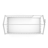 White toddler bed frame with roof supports and enclosed guard rail front, front view