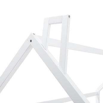 White roof support beam on house toddler bed frame with metal screws