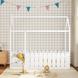 White house toddler bed frame with fence guard rails and roof, front view