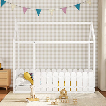 White house toddler bed frame with fence guard rails and roof, front view