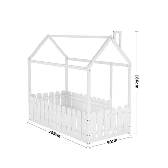 White house-style toddler bed frame, roof top and fence guard rails, side view