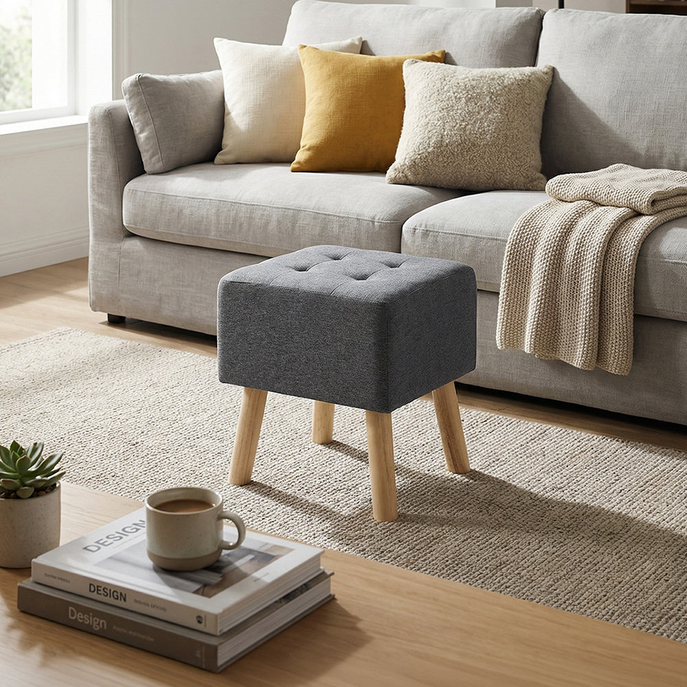 Linen Footstool Padded Square Stool with Pine Wood Legs