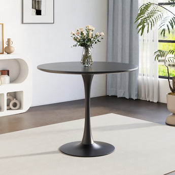 Round dark-finish wooden table with metallic pedestal base