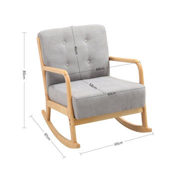 Grey upholstered rocking lounge chair with button-tufted back, wide seat, light wood frame