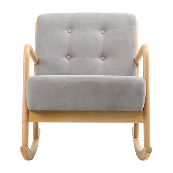 Grey upholstered rocking lounge chair with button-tufted back and light wood arms