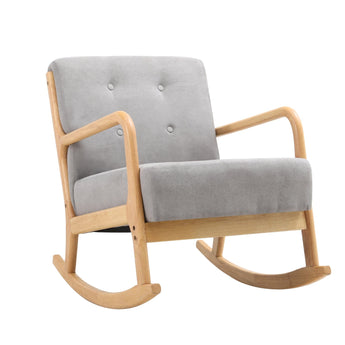Grey upholstered rocking lounge chair with light wood arms and curved rocking base