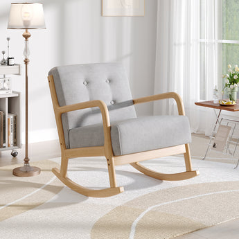 Grey upholstered rocking lounge chair with light wood curved base and button-tufted back