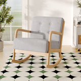 Grey upholstered rocking lounge chair with button-tufted seat and light wood rocking legs