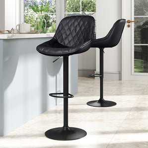Black faux-leather height-adjustable bar stool, quilted seat and footrest base