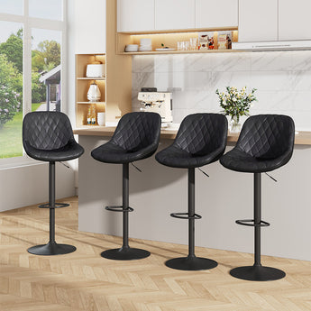 Black faux-leather height-adjustable bar stools with quilted seats and round black bases