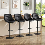 Black quilted faux-leather height-adjustable bar stool with pedestal base and footrest