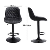 Set of 2 black faux leather height-adjustable bar stools, quilted seat, circular footrest