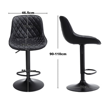 Set of 2 black faux leather height-adjustable bar stools, quilted seat, circular footrest