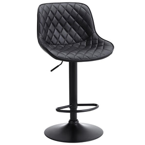 Black quilted faux leather bar stool with height-adjustable pedestal and round footrest