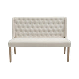 Beige linen dining bench backrest with button tufting and wooden legs