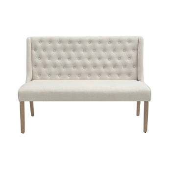 Beige linen dining bench backrest with button tufting and wooden legs