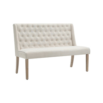 Beige linen dining bench with button-tufted back, contoured seat, wooden legs