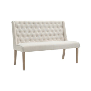 Beige linen dining bench with button-tufted back, contoured seat, wooden legs