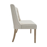 Beige upholstered dining bench with curved side panel and wooden legs
