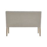 Beige linen dining bench seat base with straight back panel and wooden legs