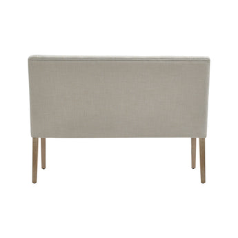 Beige linen dining bench seat base with straight back panel and wooden legs