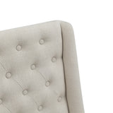 Tufted beige linen bench back with button details and smooth arm edge