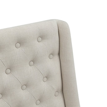 Tufted beige linen bench back with button details and smooth arm edge