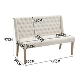 Beige tufted dining bench with dimensions: 138cm W and 97cm H