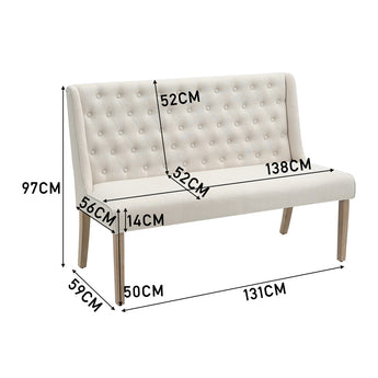 Beige tufted dining bench with dimensions: 138cm W and 97cm H