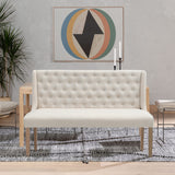 Beige linen dining bench with button-tufted back and arms, square wooden legs