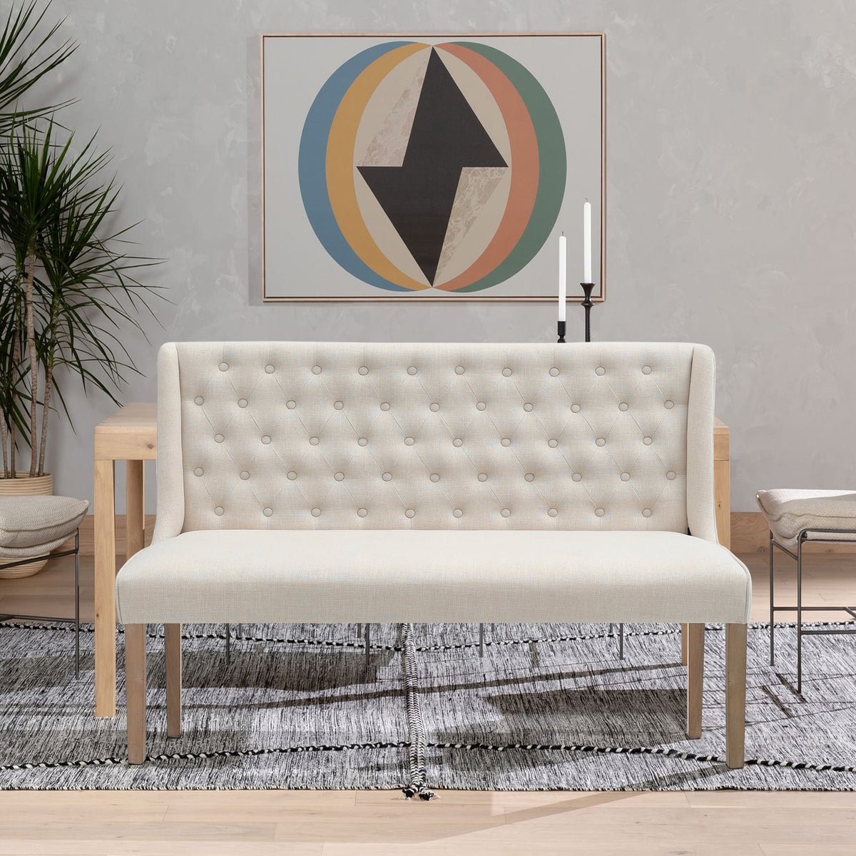 Linen Dining Bench Tufted Padded Seat Rubberwood Legs