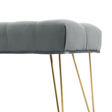 Gray velvet bench end panel with button seams and gold hairpin legs