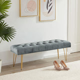 Button-tufted velvet bench, gray cushion with gold hairpin legs—side view