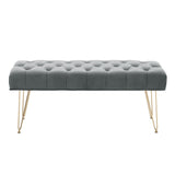 Gray tufted velvet bench with button tufting and gold hairpin legs