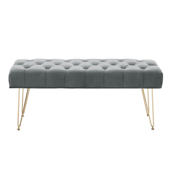 Gray tufted velvet bench with button tufting and gold hairpin legs