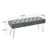 Button-tufted velvet bench with gold hairpin legs and size diagram