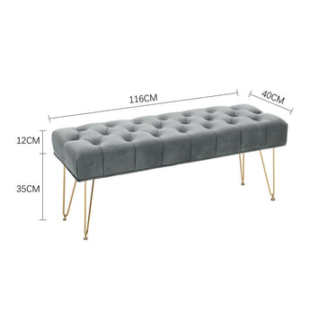 Button-tufted velvet bench with gold hairpin legs and size diagram