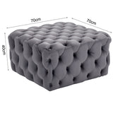 Grey velvet square footstool dimensions: 70cm x 70cm x 40cm, button-tufted top