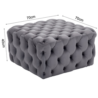 Grey velvet square footstool dimensions: 70cm x 70cm x 40cm, button-tufted top