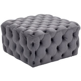 Grey velvet square ottoman footstool with button-tufted side panels